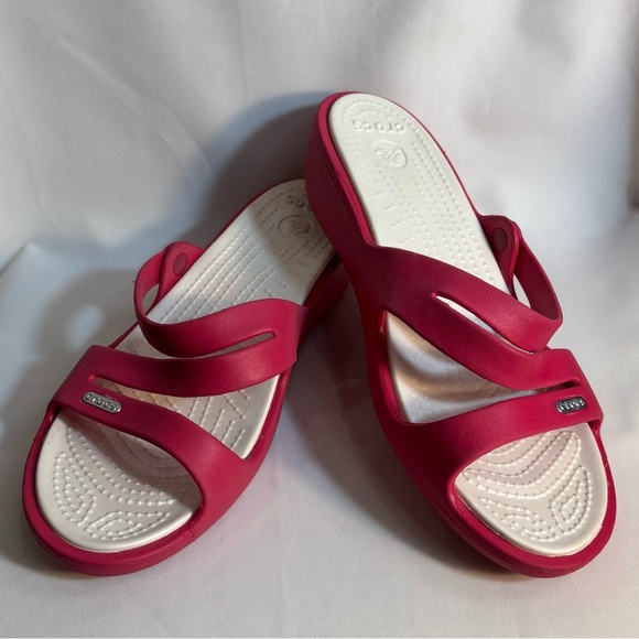 CROCS Sz 9 Straps Slip On Wedge Pink Sandals Slides - Picture 1 of 11